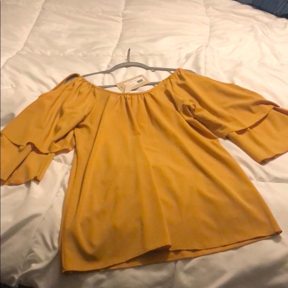 Mustard yellow cold shoulder ruffle sleeve mini